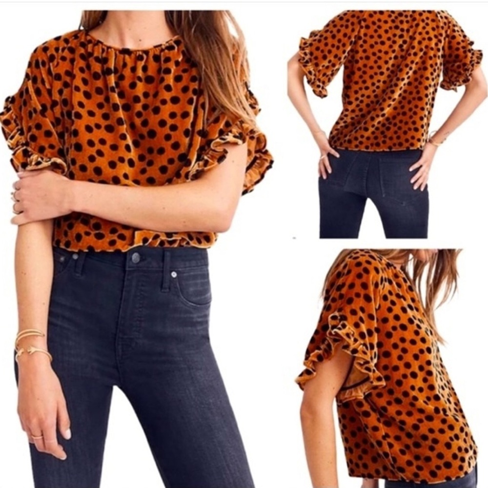 Madewell Shirt Womens Small Rust Orange Black Polka Dot Velvet Ruffle Sleeve Top